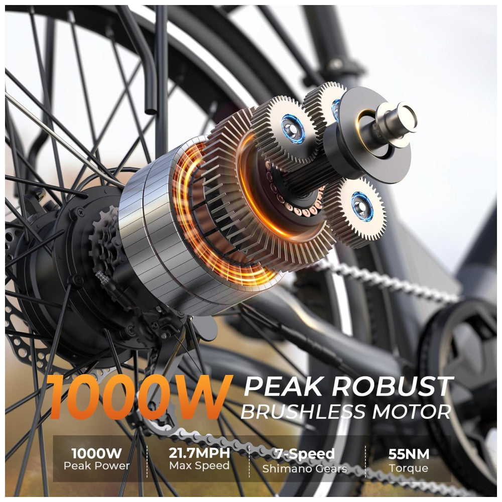 E Bike Funhang EB C2, Motor Brushless 500W Pico 1000W , Torque 55Nm, Bateria 48V 374Wh Removível, 26 , 7 Marchas, 5 Modos, Freios a Disco, IPX5, CINZA PRATA