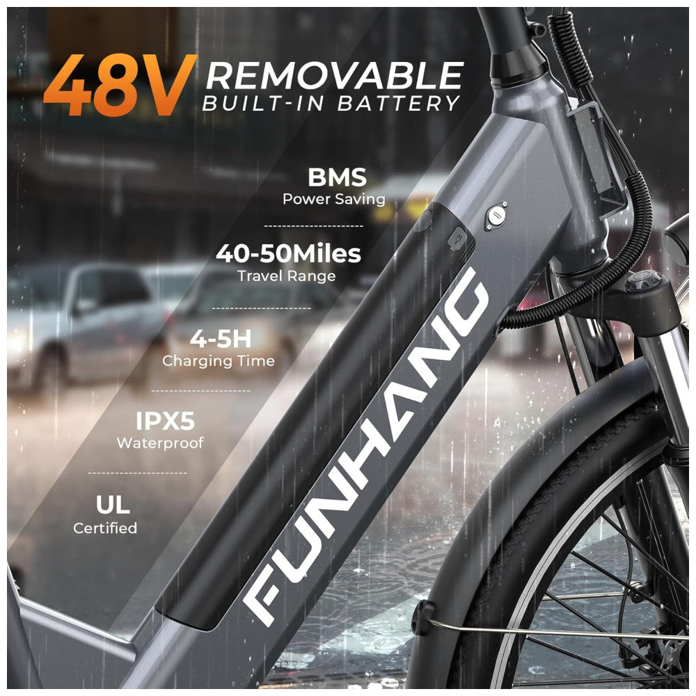 E Bike Funhang EB C2, Motor Brushless 500W Pico 1000W , Torque 55Nm, Bateria 48V 374Wh Removível, 26 , 7 Marchas, 5 Modos, Freios a Disco, IPX5, CINZA PRATA