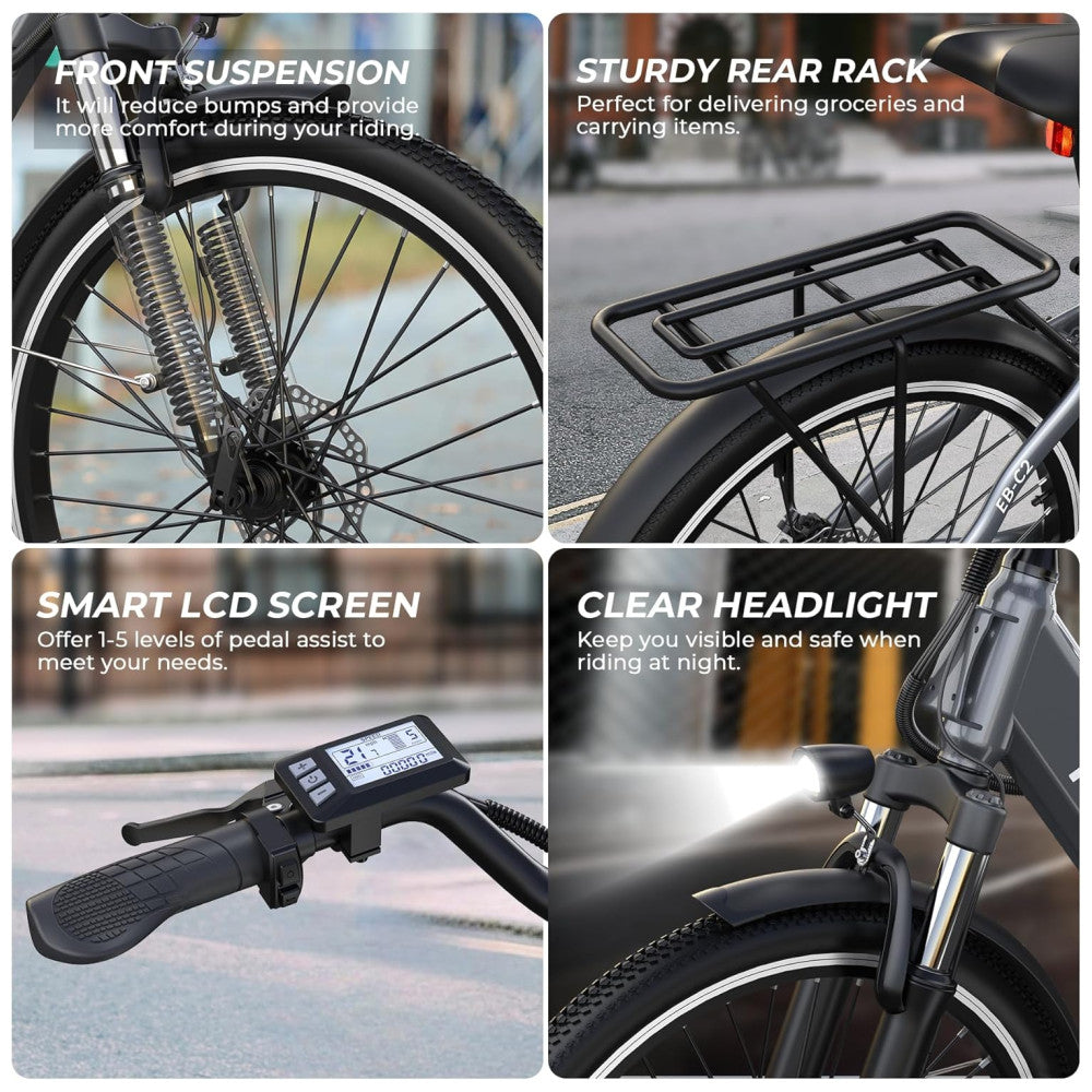 E Bike Funhang EB C2, Motor Brushless 500W Pico 1000W , Torque 55Nm, Bateria 48V 374Wh Removível, 26 , 7 Marchas, 5 Modos, Freios a Disco, IPX5, CINZA PRATA