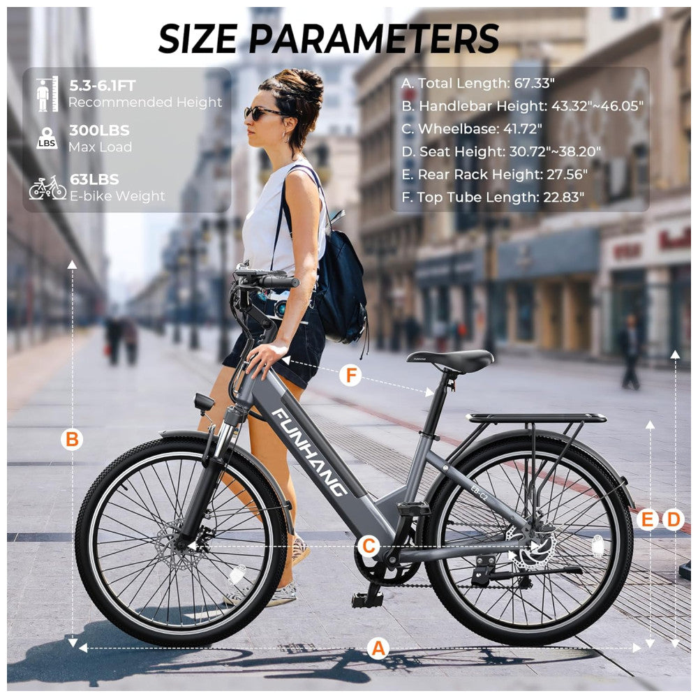E Bike Funhang EB C2, Motor Brushless 500W Pico 1000W , Torque 55Nm, Bateria 48V 374Wh Removível, 26 , 7 Marchas, 5 Modos, Freios a Disco, IPX5, CINZA PRATA