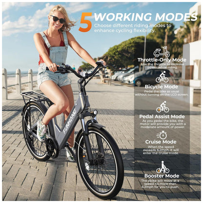 E Bike Funhang EB C2, Motor Brushless 500W Pico 1000W , Torque 55Nm, Bateria 48V 374Wh Removível, 26 , 7 Marchas, 5 Modos, Freios a Disco, IPX5, CINZA PRATA