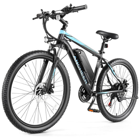 Bicicleta Elétrica ANCHEER Sunshine Motor Peak 750 W, Bateria Removível 48 V 7,8 10,4 Ah, 21 Velocidades, Pneu 26 , Suspensão Frontal, Cor Preto e Azul