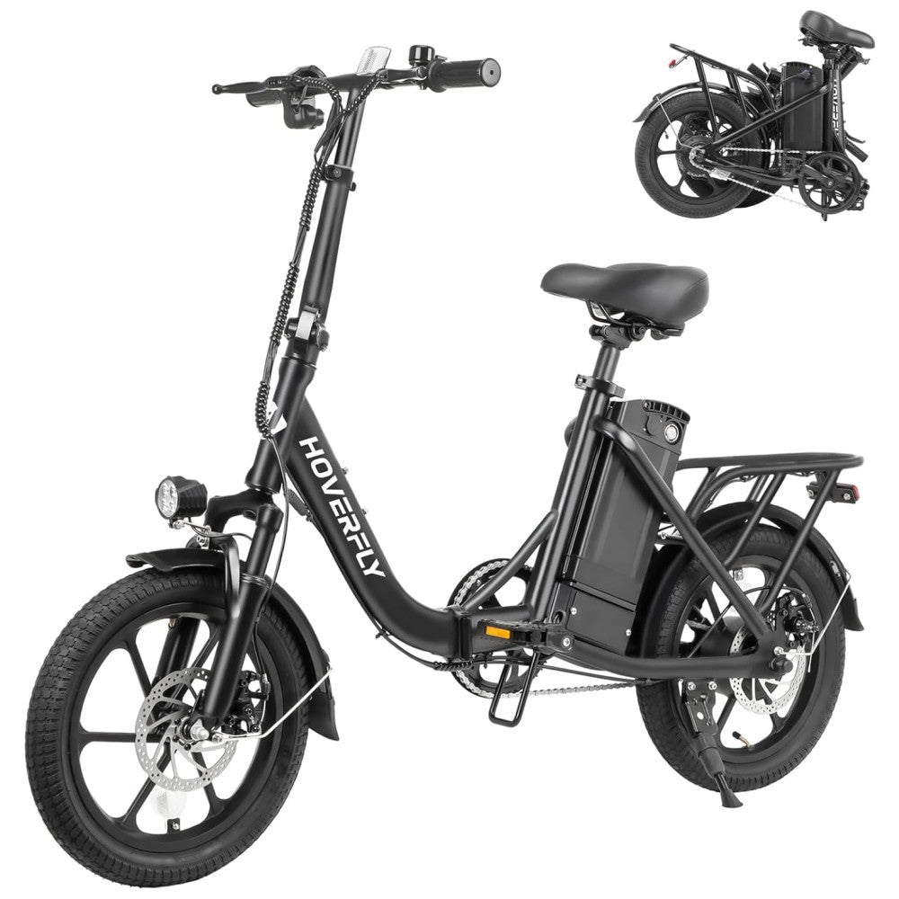Bicicleta Elétrica Dobrável Hoverfly, 500W de Pico, 25 km h, 45 km de Alcance, Rodas 16 , Bateria Removível, Suspensão Dupla, Freios a Disco e Certificação UL2849, PRETO