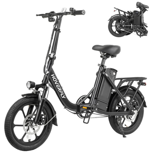 Bicicleta Elétrica Dobrável Hoverfly, 500W de Pico, 25 km h, 45 km de Alcance, Rodas 16 , Bateria Removível, Suspensão Dupla, Freios a Disco e Certificação UL2849, PRETO