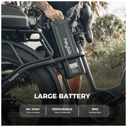 Bicicleta Elétrica Heybike Mars 2.0 – Motor 750W, Bateria Removível 48V, Pneus Fat 20"x4", Quadro Step-Thru, Dobrável, Suspensão Frontal, 7 Marchas – Preta