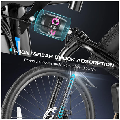 Bicicleta Elétrica Dobrável Vivi 500W – Bateria Removível 48V, 21 Marchas, Suspensão Dupla, Freios a Disco, Tela LCD, Autonomia até 80 km, Quadro em Alumínio - Preta