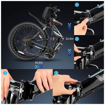 Bicicleta Elétrica Dobrável Vivi 500W Bateria Removível 48V, 21 Marchas, Suspensão Dupla, Freios a Disco, Tela LCD, Autonomia até 80 km, Quadro em Alumínio Preta
