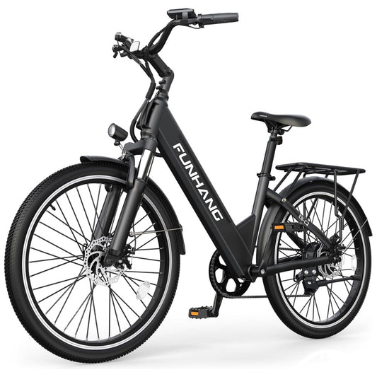 E Bike Funhang EB C2, Motor Brushless 500W Pico 1000W , Torque 55Nm, Bateria 48V 374Wh Removível, 26 , 7 Marchas, 5 Modos, Freios a Disco, IPX5, PRETA