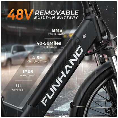 E Bike Funhang EB C2, Motor Brushless 500W Pico 1000W , Torque 55Nm, Bateria 48V 374Wh Removível, 26 , 7 Marchas, 5 Modos, Freios a Disco, IPX5, PRETA