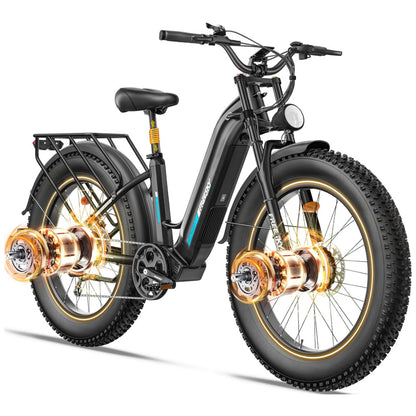 Bicicleta Elétrica FREESKY Ranger Pro 26 , Motor Duplo 2000W, Bateria 48V 25Ah, 153 KM de Alcance, Freios Hidráulicos, Display HD com NFC, Mountain Bike Off Road, PRETA