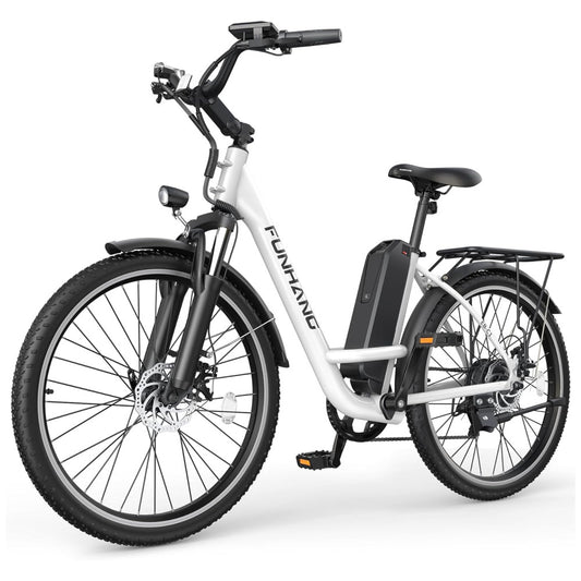 Bicicleta Elétrica Funhang EB C1 1000W com Bateria Removível 48V, 7 Velocidades e Tela LCD para Deslocamento Diário, BRANCA