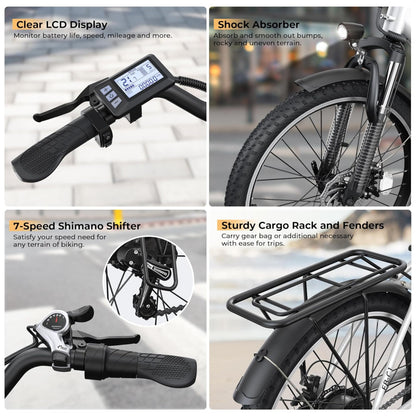 Bicicleta Elétrica Funhang EB C1 1000W com Bateria Removível 48V, 7 Velocidades e Tela LCD para Deslocamento Diário, BRANCA