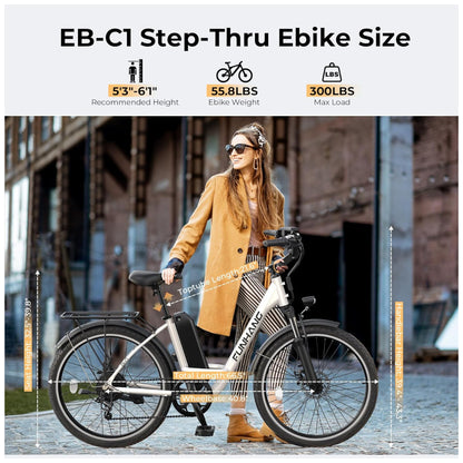 Bicicleta Elétrica Funhang EB C1 1000W com Bateria Removível 48V, 7 Velocidades e Tela LCD para Deslocamento Diário, BRANCA