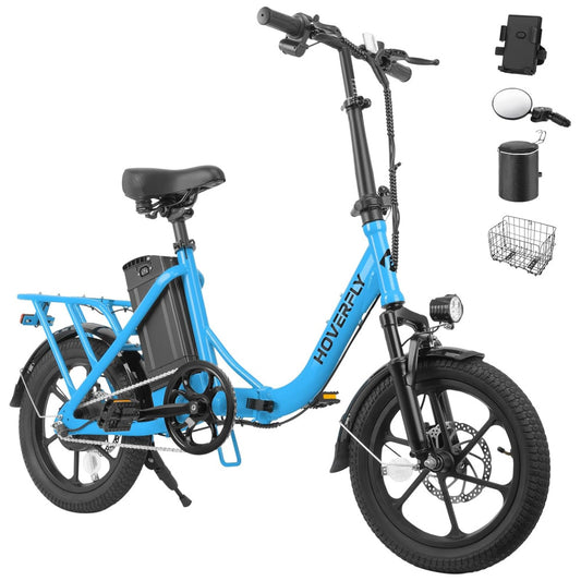 Bicicleta Elétrica Dobrável Hoverfly, 500W de Pico, 25 km h, 45 km de Alcance, Rodas 16 , Bateria Removível, Suspensão Dupla, Freios a Disco e Certificação UL2849, AZUL