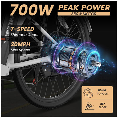 Bicicleta Elétrica para Adultos com Motor 700W Pico, Quadro em Alumínio 6061, Bateria Removível 36V 10,4Ah, Autonomia de até 64 km, 7 Marchas, Tela LCD Colorida, Certificação UL2849, Branco Invernal