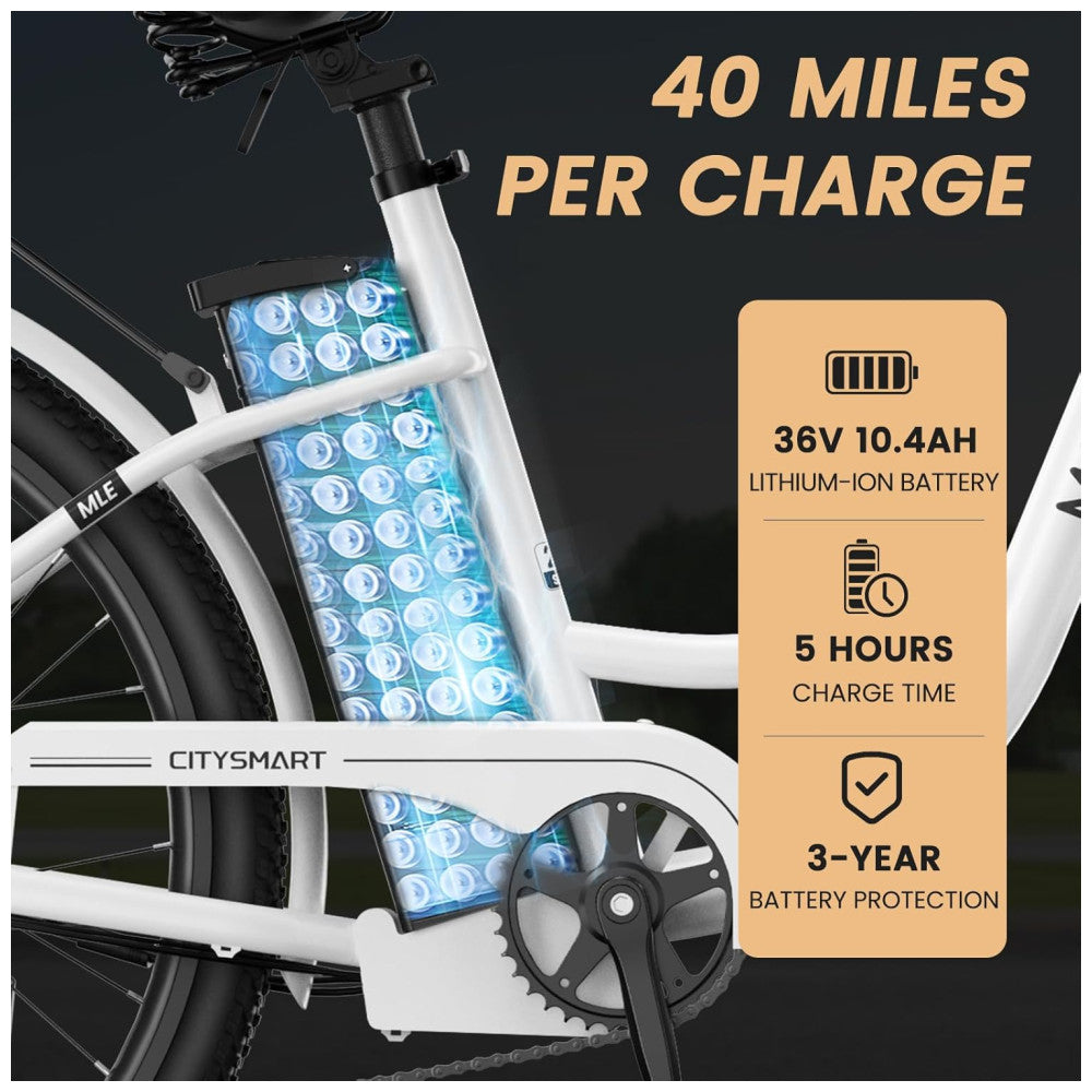 Bicicleta Elétrica para Adultos com Motor 700W Pico, Quadro em Alumínio 6061, Bateria Removível 36V 10,4Ah, Autonomia de até 64 km, 7 Marchas, Tela LCD Colorida, Certificação UL2849, Branco Invernal