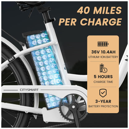 Bicicleta Elétrica para Adultos com Motor 700W Pico, Quadro em Alumínio 6061, Bateria Removível 36V 10,4Ah, Autonomia de até 64 km, 7 Marchas, Tela LCD Colorida, Certificação UL2849, Branco Invernal