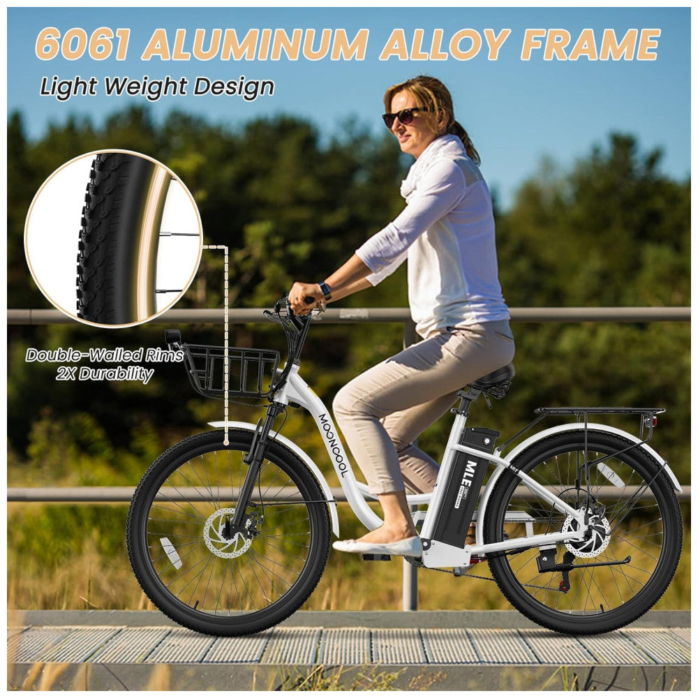 Bicicleta Elétrica para Adultos com Motor 700W Pico, Quadro em Alumínio 6061, Bateria Removível 36V 10,4Ah, Autonomia de até 64 km, 7 Marchas, Tela LCD Colorida, Certificação UL2849, Branco Invernal