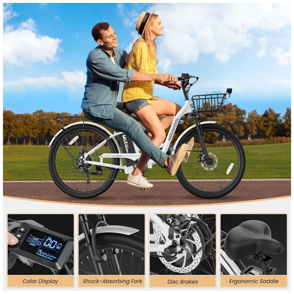 Bicicleta Elétrica para Adultos com Motor 700W Pico, Quadro em Alumínio 6061, Bateria Removível 36V 10,4Ah, Autonomia de até 64 km, 7 Marchas, Tela LCD Colorida, Certificação UL2849, Branco Invernal