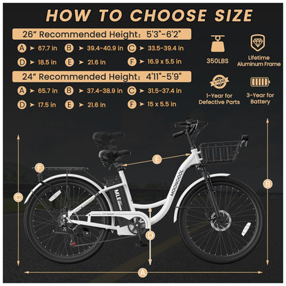 Bicicleta Elétrica para Adultos com Motor 700W Pico, Quadro em Alumínio 6061, Bateria Removível 36V 10,4Ah, Autonomia de até 64 km, 7 Marchas, Tela LCD Colorida, Certificação UL2849, Branco Invernal