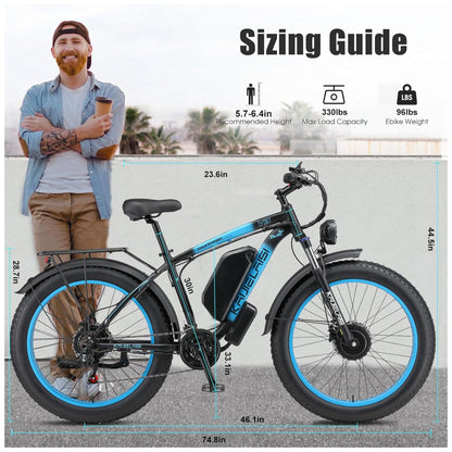 Bicicleta Elétrica KETELES Peak 4000W, Motor Duplo 2000W, Pneus 26 , Bateria 1104Wh, Freios Hidráulicos, Suspensão Completa, até 56 km h, Preto Azul