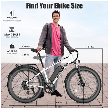 Bicicleta Elétrica Funhang EB-S1 26" Branco | Motor 1000W Pico, Bateria 48V 13Ah Removível, 7 Velocidades, 5 Modos de Condução