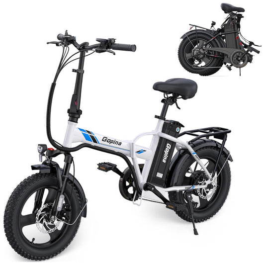 Bicicleta elétrica Vivi Gopina, 16" x 3.0, pneu largo, potência máxima de 500W, bateria removível de 48V, autonomia de até 64km, tela LCD, 32km/h, 7 velocidades, certificação UL 2849, Branca e Azul