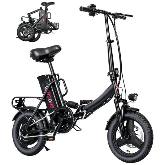 Bicicleta Elétrica Dobrável Windone S14 Preto Fosco – Motor 350W (Pico 500W), Velocidade Máxima 30km/h, Autonomia 45km, Rodas 14", Suspensão Traseira, Bateria Removível 36V 7,8Ah