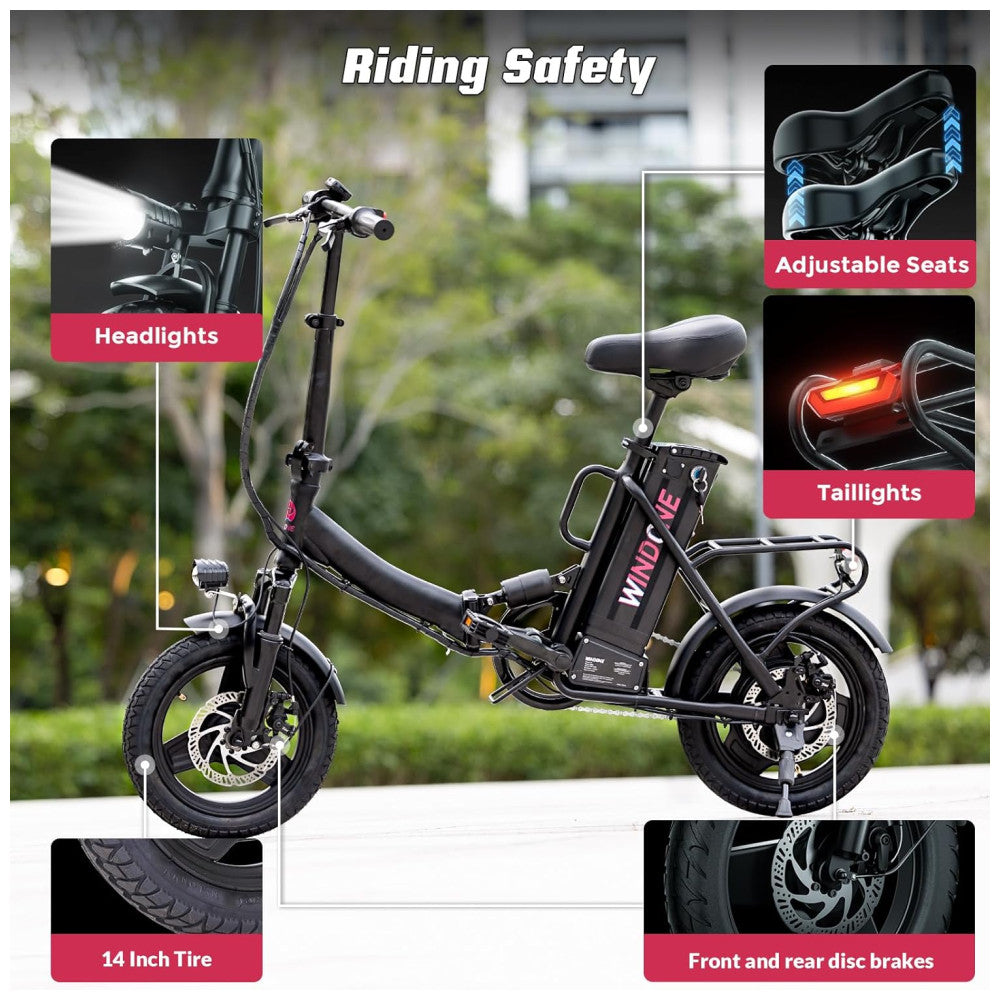 Bicicleta Elétrica Dobrável Windone S14 Preto Fosco – Motor 350W (Pico 500W), Velocidade Máxima 30km/h, Autonomia 45km, Rodas 14", Suspensão Traseira, Bateria Removível 36V 7,8Ah