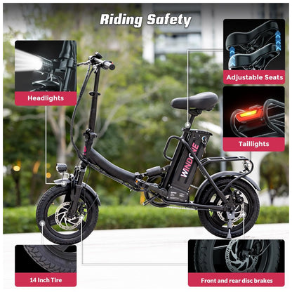 Bicicleta Elétrica Dobrável Windone S14 Preto Fosco – Motor 350W (Pico 500W), Velocidade Máxima 30km/h, Autonomia 45km, Rodas 14", Suspensão Traseira, Bateria Removível 36V 7,8Ah