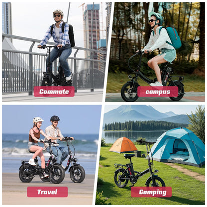 Bicicleta Elétrica Dobrável Windone S14 Preto Fosco – Motor 350W (Pico 500W), Velocidade Máxima 30km/h, Autonomia 45km, Rodas 14", Suspensão Traseira, Bateria Removível 36V 7,8Ah