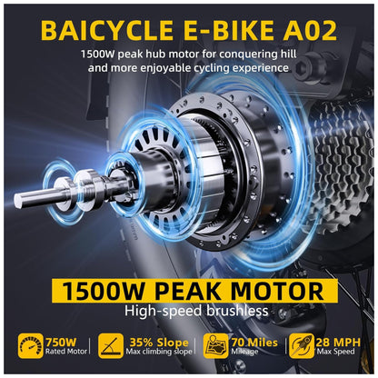 Bicicleta Elétrica Dobrável Baicycle A02 Preta Motor 1500W, Bateria 48V 15,3Ah, Suspensão Avançada
