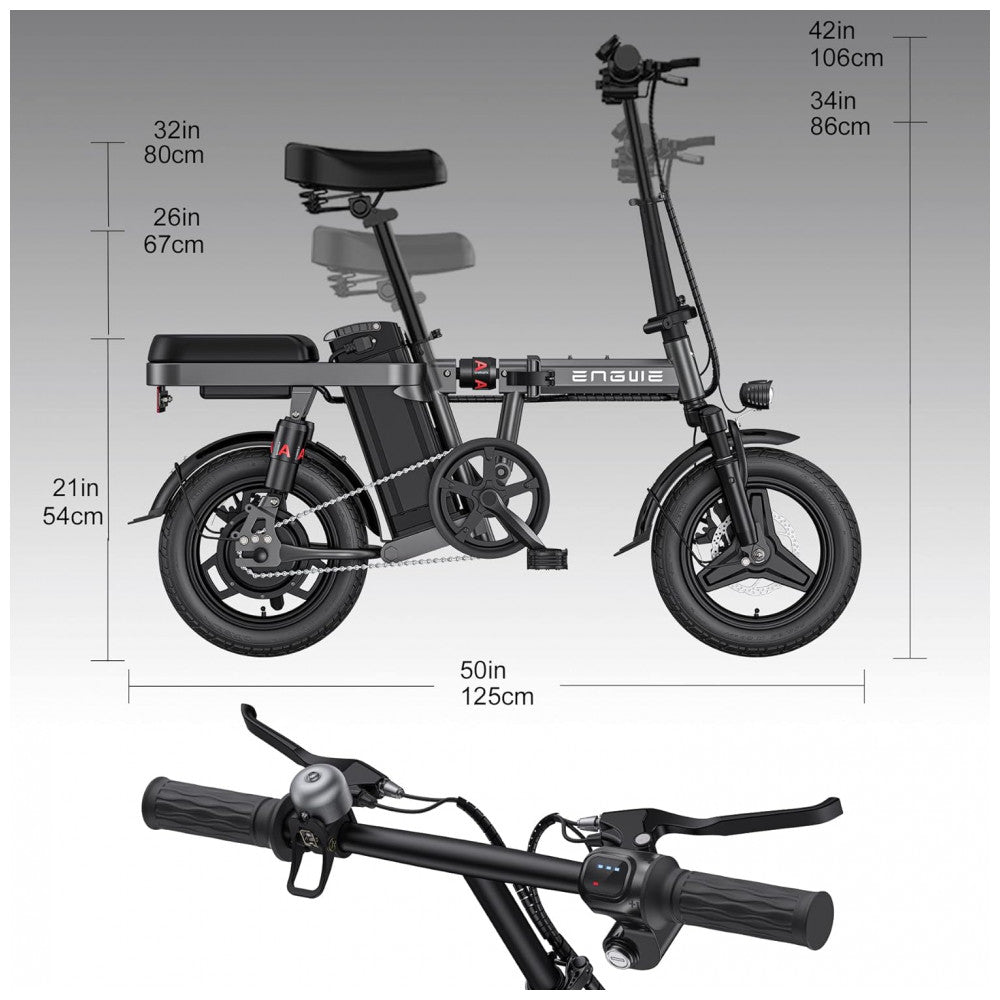 Bicicleta Elétrica Dobrável ENGWE T14, 350W, 60km de Autonomia, Pneus Antifuro 14", Suspensão Completa, 3 Modos de Pilotagem – Preta