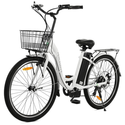 Bicicleta Elétrica Urbana Step Through 350W, Bateria Removível 36V 10Ah, Autonomia Até 64 km, Quadro Alumínio 26 , 4 Modos, Visor LED, Branca