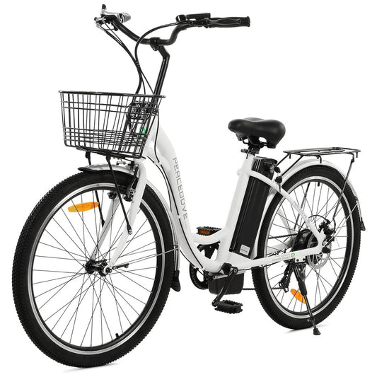 Bicicleta Elétrica Urbana Step Through 350W, Bateria Removível 36V 10Ah, Autonomia Até 64 km, Quadro Alumínio 26 , 4 Modos, Visor LED, Branca