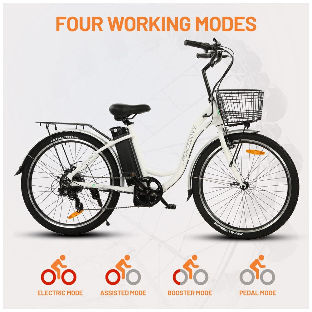 Bicicleta Elétrica Urbana Step Through 350W, Bateria Removível 36V 10Ah, Autonomia Até 64 km, Quadro Alumínio 26 , 4 Modos, Visor LED, Branca