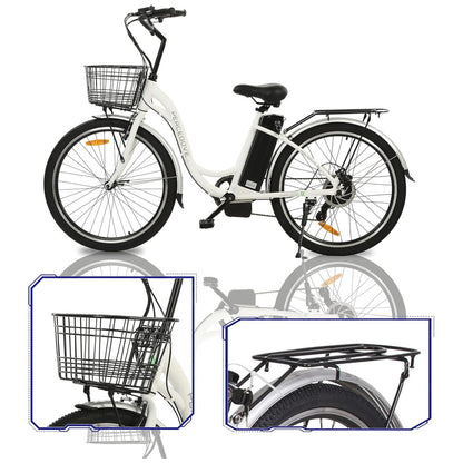 Bicicleta Elétrica Urbana Step Through 350W, Bateria Removível 36V 10Ah, Autonomia Até 64 km, Quadro Alumínio 26 , 4 Modos, Visor LED, Branca