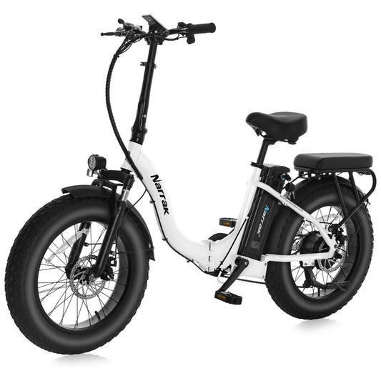 Bicicleta Elétrica Dobrável Narrak S129 Vermelho, Motor Traseiro 750W e Pico 1100W , Bateria 48V 13Ah 624Wh , Pneus Largos 20 x4 , Freios a Disco Duplos, Suspensão Dianteira e Transmissão SHIMANO 7 Velocidades e velocidade máxima de 45km h, BRANCO