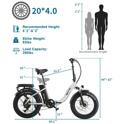 Bicicleta Elétrica Dobrável Narrak S129 Vermelho, Motor Traseiro 750W e Pico 1100W , Bateria 48V 13Ah 624Wh , Pneus Largos 20 x4 , Freios a Disco Duplos, Suspensão Dianteira e Transmissão SHIMANO 7 Velocidades e velocidade máxima de 45km h, BRANCO