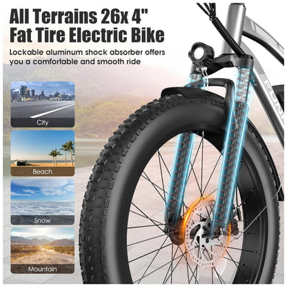 Bicicleta Elétrica Funhang EB-S1 26" Cinza Prata | Motor 1000W, Bateria 48V 13Ah, 7 Velocidades, 5 Modos de Condução