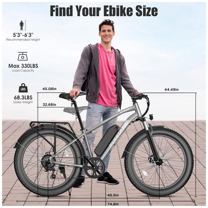Bicicleta Elétrica Funhang EB S1 26 Cinza Prata Motor 1000W, Bateria 48V 13Ah, 7 Velocidades, 5 Modos de Condução