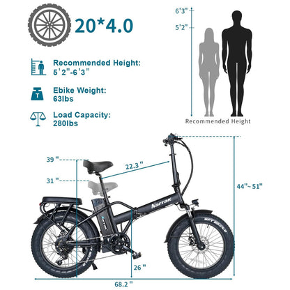 Bicicleta Elétrica Dobrável Narrak S129 Laranja StepOver, Motor Traseiro 750W Pico 1100W , Bateria 48V 13Ah 624Wh , Pneus Largos 20 x4 , Freios a Disco Duplos, Suspensão Dianteira, Transmissão SHIMANO 7 Velocidades, Velocidade Máxima 45,1 km h, Preta