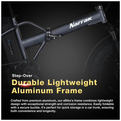 Bicicleta Elétrica Dobrável Narrak S129 Laranja StepOver, Motor Traseiro 750W Pico 1100W , Bateria 48V 13Ah 624Wh , Pneus Largos 20 x4 , Freios a Disco Duplos, Suspensão Dianteira, Transmissão SHIMANO 7 Velocidades, Velocidade Máxima 45,1 km h, Preta