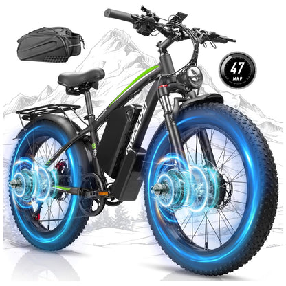 Bicicleta Elétrica Dual Motor Qweepei E2 5000W, Bateria removível de 52V 32Ah (1664Wh), Suspensão Dianteira e Traseira, Freios Hidráulicos a Disco Duplos, Rodas 24"x4" Off-Road, Display LCD Inteligente, 7 Marchas, Velocidade Máxima 75km/h, PRETA