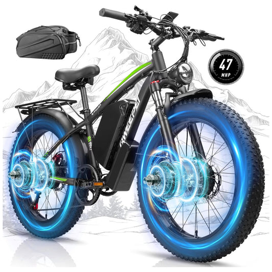 Bicicleta Elétrica Dual Motor Qweepei E2 5000W, Bateria removível de 52V 32Ah (1664Wh), Suspensão Dianteira e Traseira, Freios Hidráulicos a Disco Duplos, Rodas 24"x4" Off-Road, Display LCD Inteligente, 7 Marchas, Velocidade Máxima 75km/h, PRETA