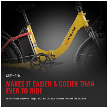 Bicicleta Elétrica Dobrável Hipeak Elias-Step Thru 750W – Pneus Largos, Suspensão Dianteira, Rodas 20", 7 Marchas, Cesta Inclusa – Amarelo