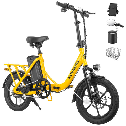 Bicicleta Elétrica Dobrável Hoverfly, 500W de Pico, 25 km h, 45 km de Alcance, Rodas 16 , Bateria Removível, Suspensão Dupla, Freios a Disco e Certificação UL2849, Amarela