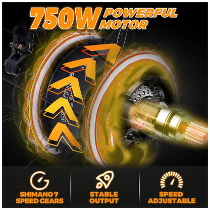 Bicicleta Elétrica ECOTRIC Hammer 750W – Bateria 48V, Pneus Largos 26x4.0, Suspensão Dupla, Freio Hidráulico, Visor LCD com USB, 7 Velocidades – Laranja (Certificada UL)