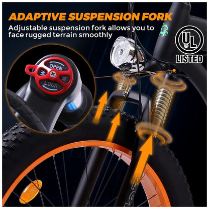 Bicicleta Elétrica ECOTRIC Hammer 750W – Bateria 48V, Pneus Largos 26x4.0, Suspensão Dupla, Freio Hidráulico, Visor LCD com USB, 7 Velocidades – Laranja (Certificada UL)