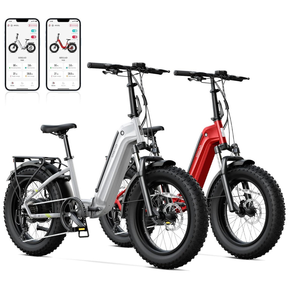 Kit com 2 Bicicletas Elétricas Dobráveis Sisigad 1500W Pico, Pneus Fat 20 x4.0, Bateria 48V 15Ah, Autonomia 96 km, 7 Velocidades, Freios a Disco, Suspensão Completa, Branco e Vermelho